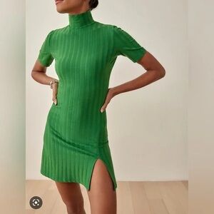 Reformation Zia Knit Dress Turtleneck Green Mini Dress Short Sleeve